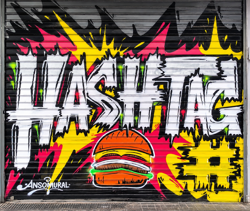 HASHTAG Burgers Syntagma storefront with graffiti shutters in Athens